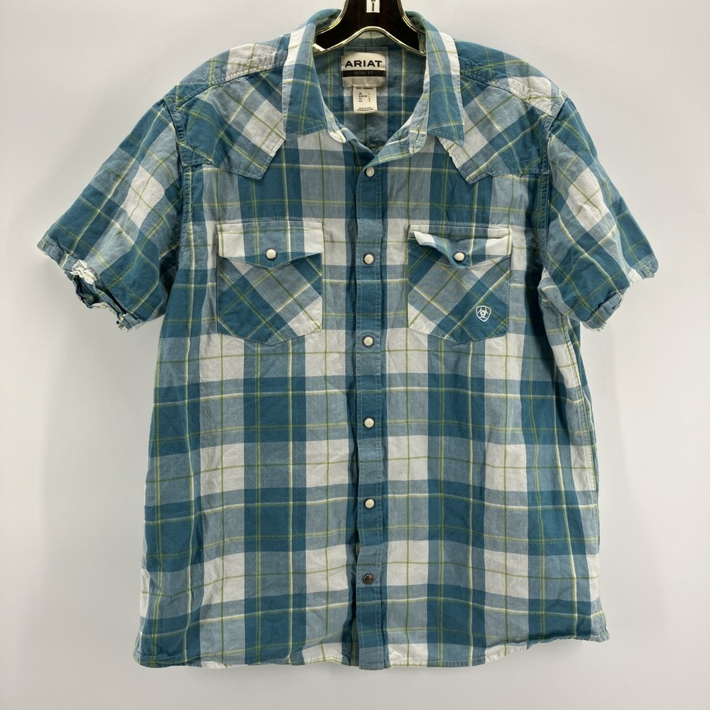 Ariat Harry Retro Fit Short Sleeve Pearl Snap Plaid Shirt Mens Size Large Blue - Picture 6 of 10
